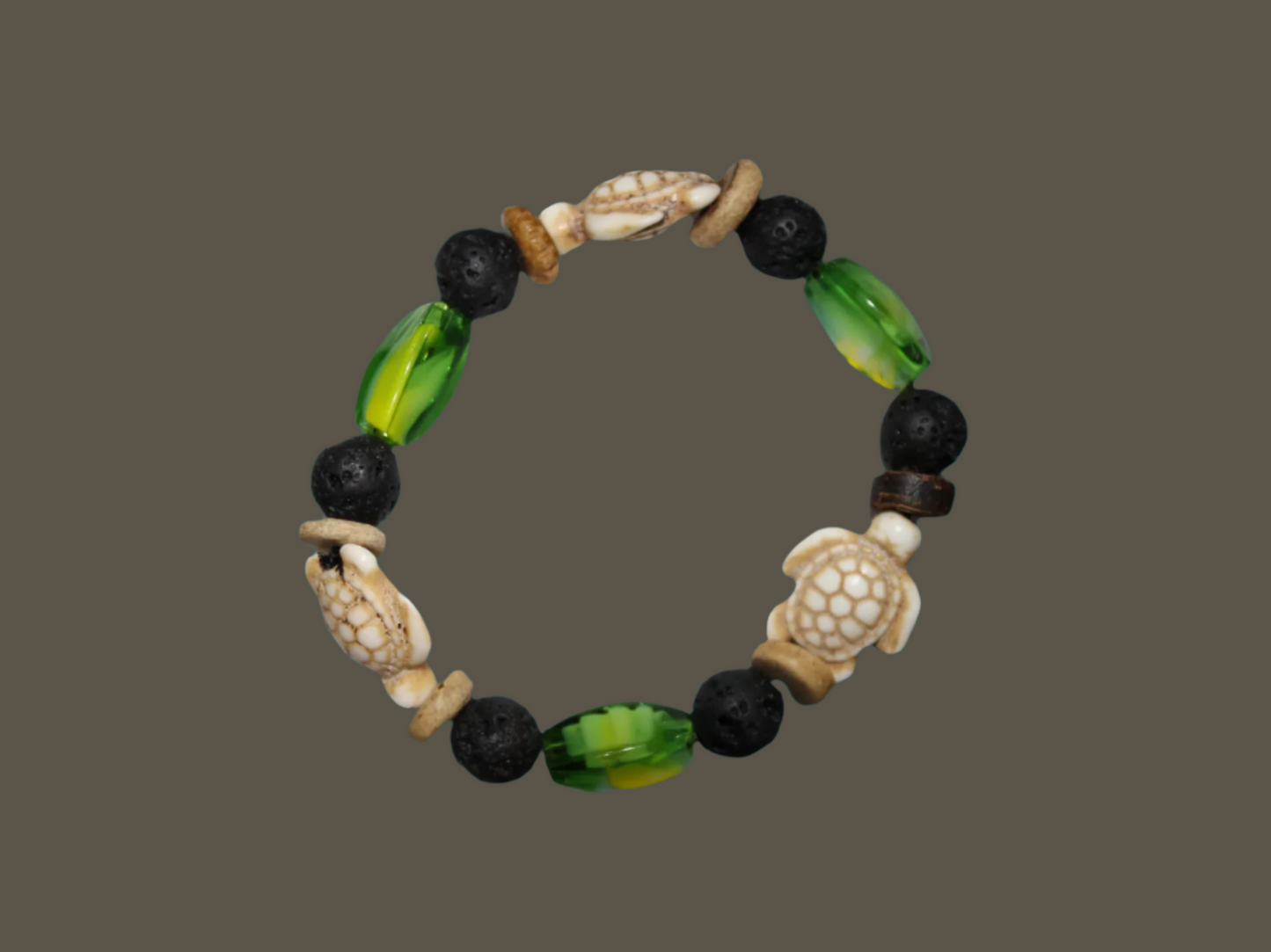 Lava Bead Bracelet - Sea Turtles & Peridot 5.75"