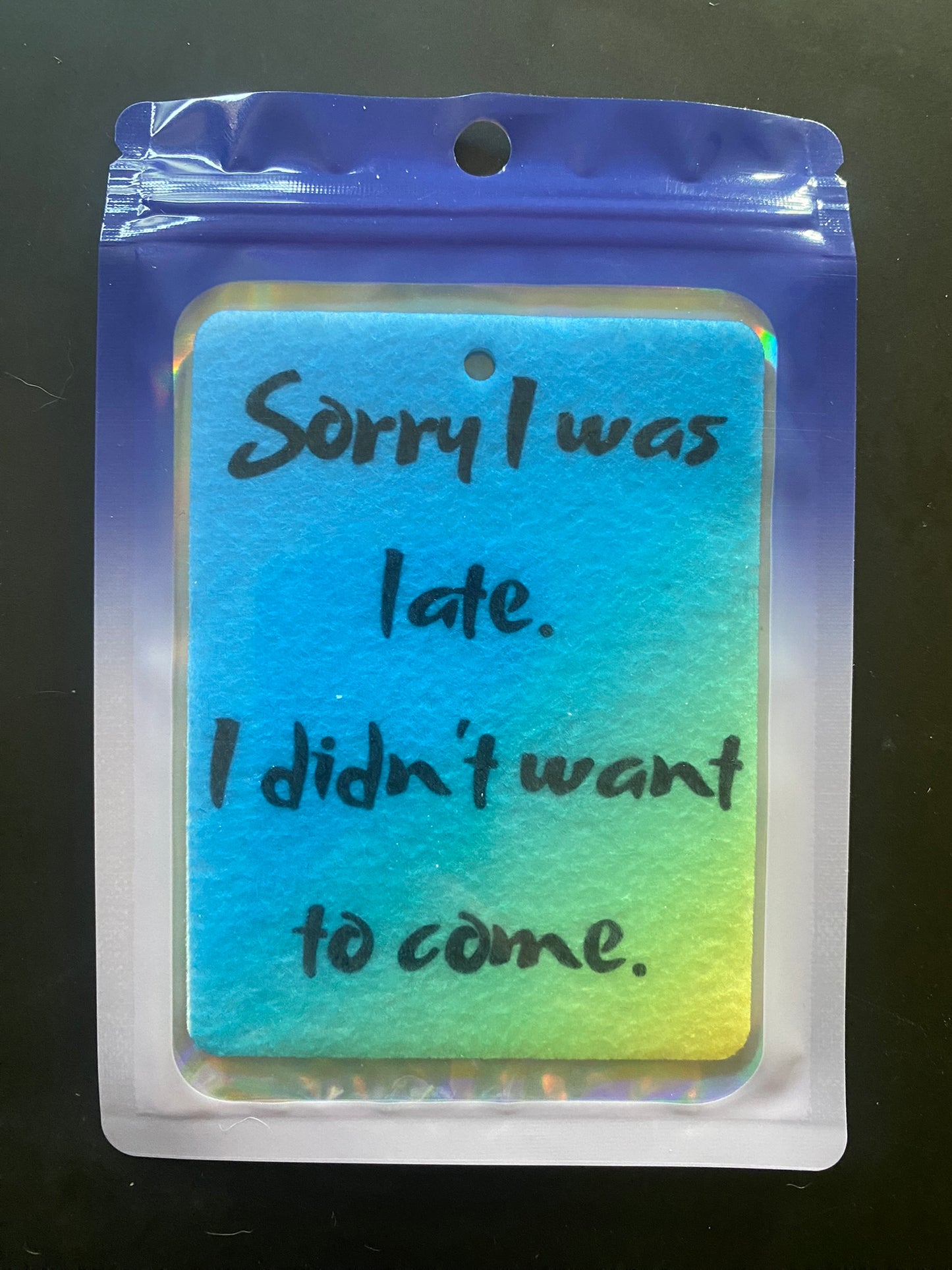 Sorry I was late, I didn't want to come (blue / green)