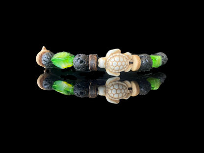 Lava Bead Bracelet - Sea Turtles & Peridot 5.75"