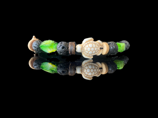 Lava Bead Bracelet - Sea Turtles & Peridot 5.75"