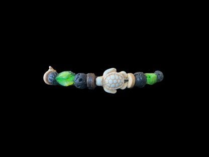 Lava Bead Bracelet - Sea Turtles & Peridot 5.75"